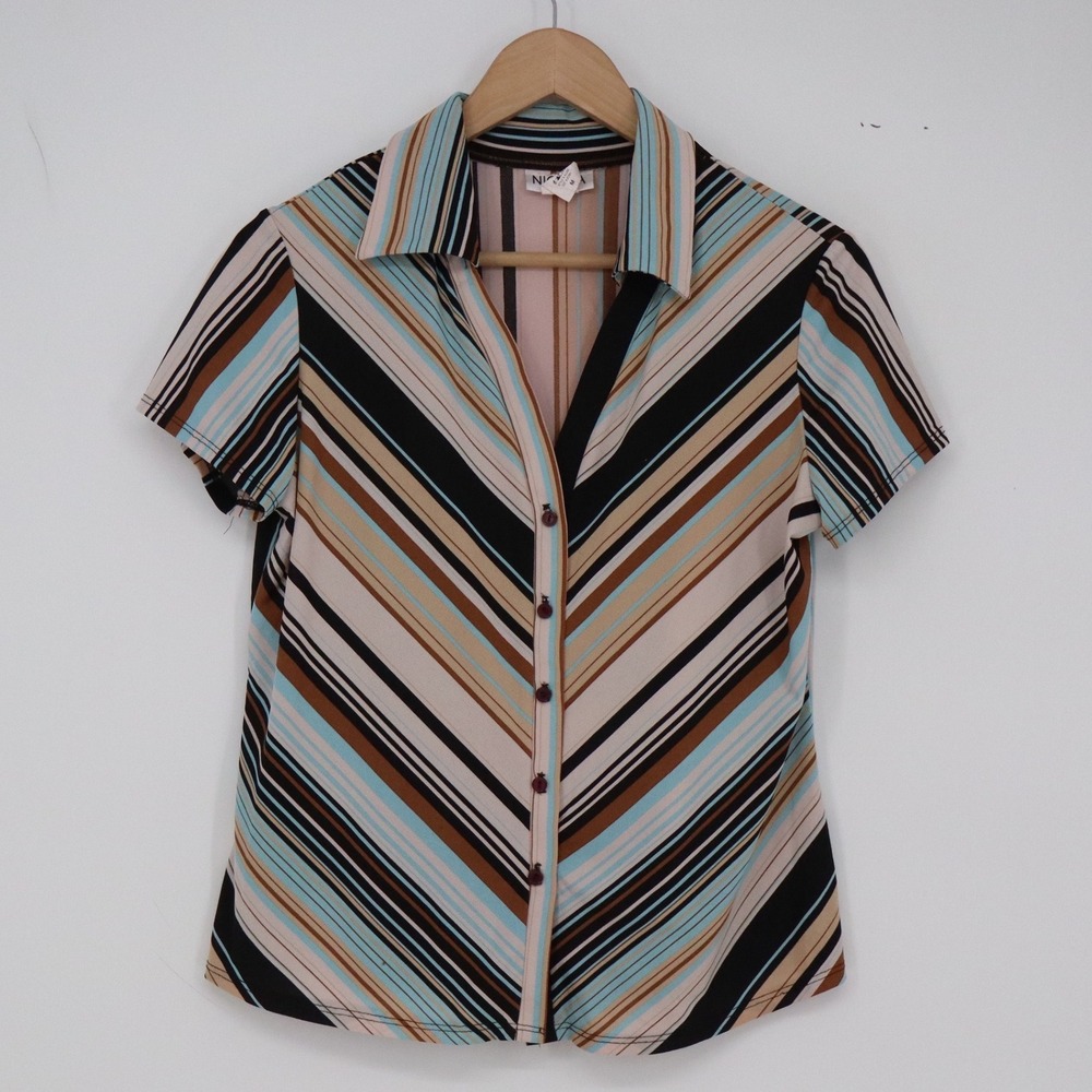 Nicola Top Womens M KLU52 Multi-Color Stripe Short Sleeve Button-Down Excellent